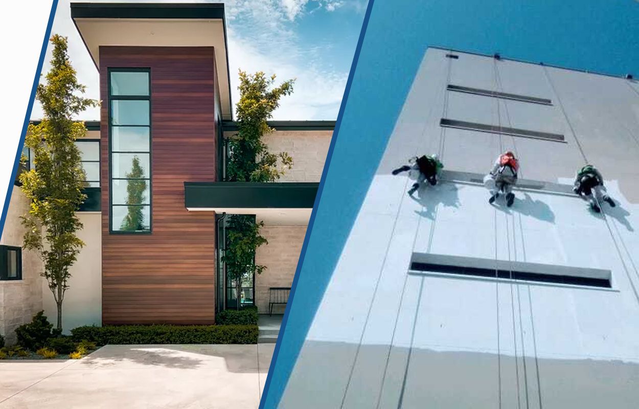 Modern home exterior and a Skhosana Projects team member completing facade work at height